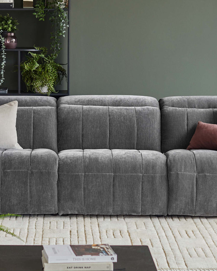 A plush, grey modular sofa with a geometric rug and a dark bookshelf with lush green plants.