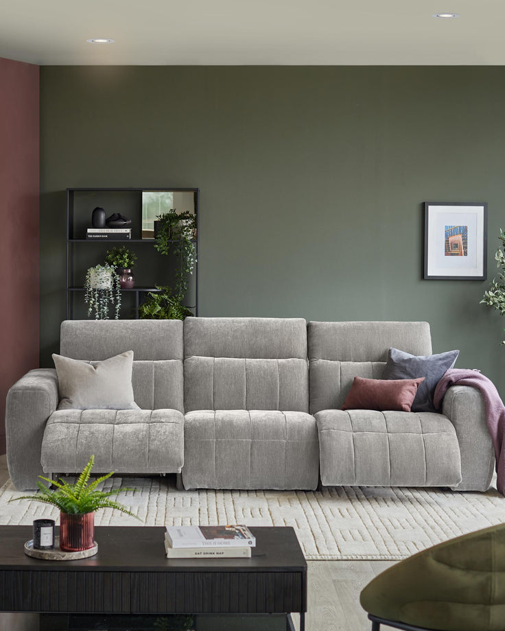 A modern living room featuring a grey sofa, dark wood coffee table and a black shelving unit with plants and ornaments.