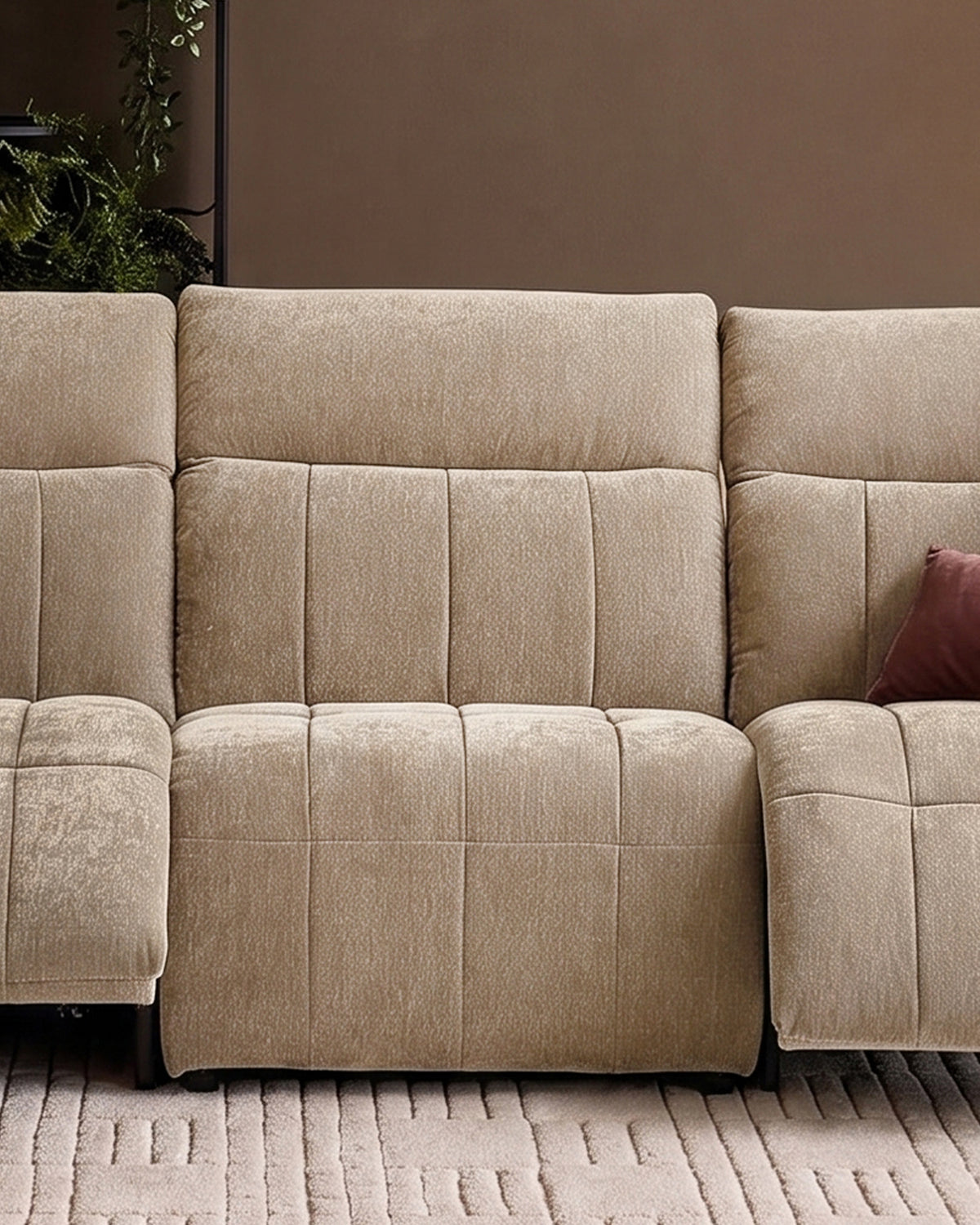 Champagne fabric single sofa module with quilted cushioning and clean lines, shown in close-up detail.