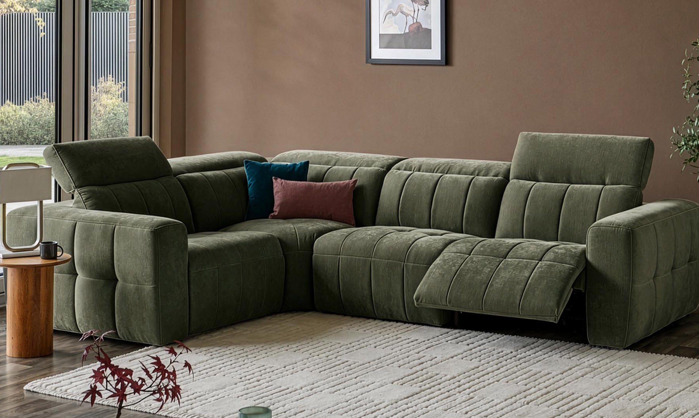 Skye dark green fabric small corner recliner sofa
