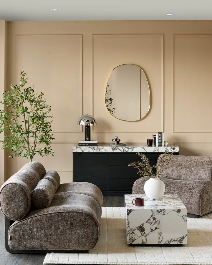 Sofia 2-seater sofa in mocha fabric with curved cylindrical arms and rounded backrest, styled in contemporary living room.