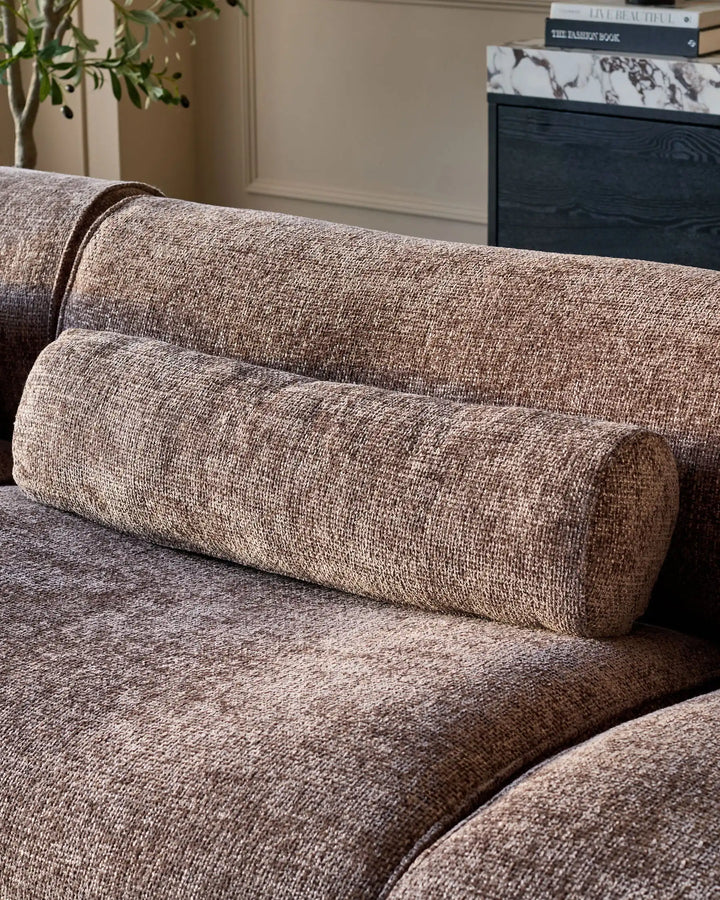 Sofia 2-seater sofa in mocha fabric, close-up of rolled armrest and cushioned seat detail.
