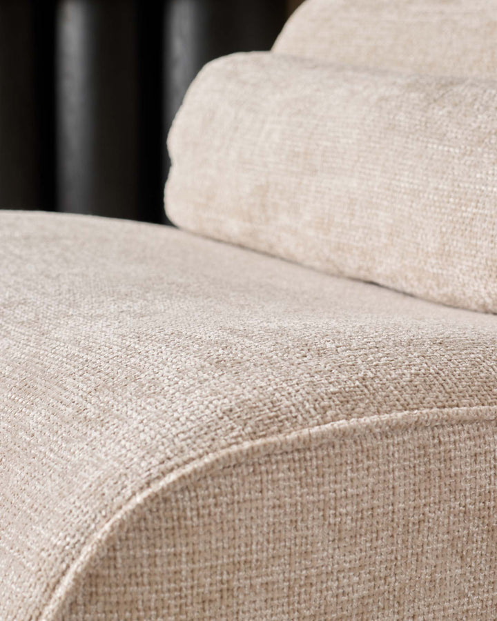 Sofia 2-seater sofa in natural fabric, close-up showing woven texture and seaming detail.