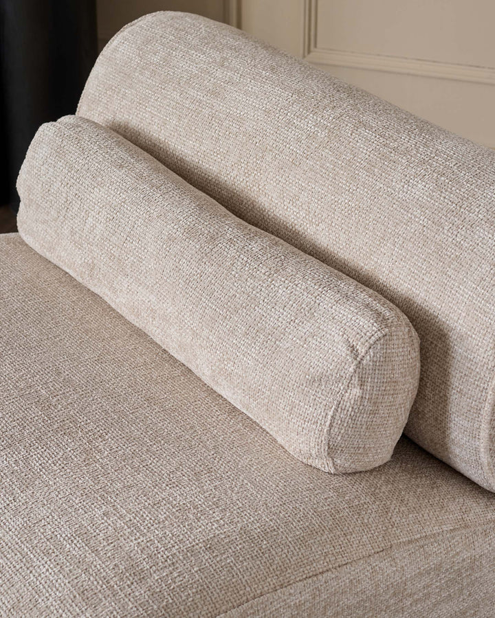 Sofia 2-seater sofa in natural fabric, close-up of rolled armrest detail and seat cushion.