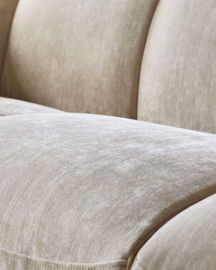 Teagan 2-seater sofa in champagne fabric, close-up of seat and backrest cushions showing texture and neutral tone.
