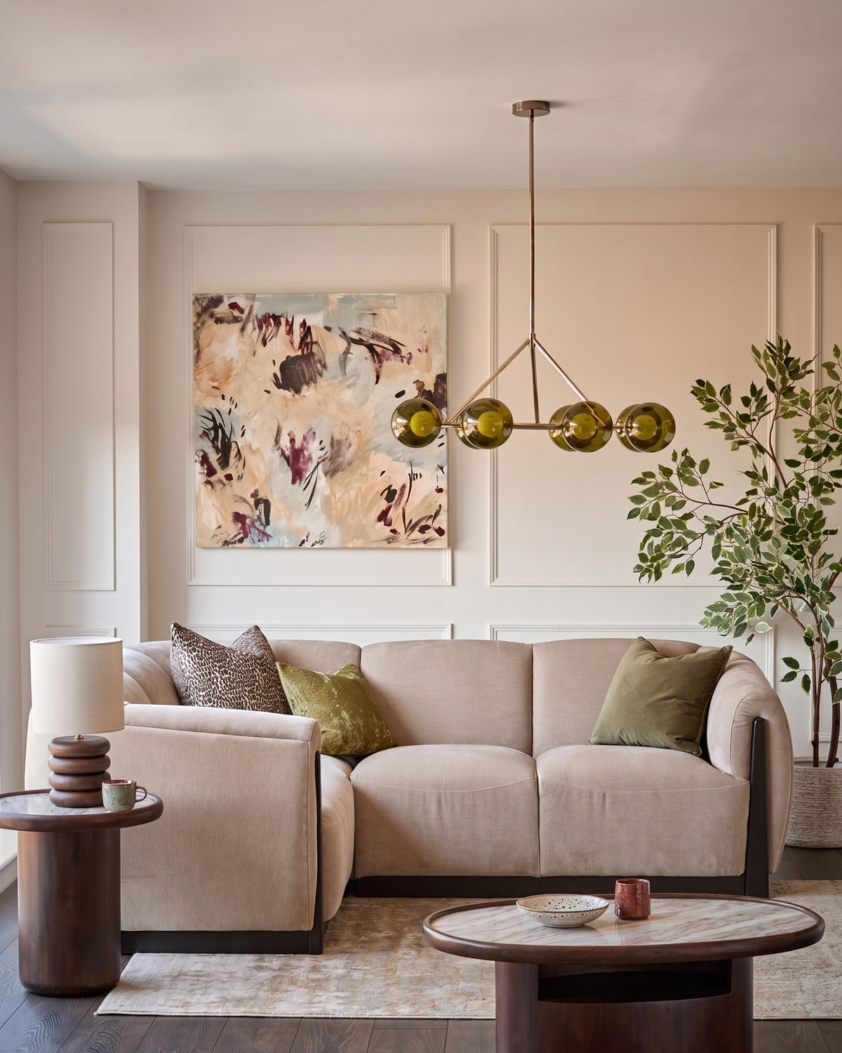 Teagan left-hand small corner sofa in champagne fabric, shown in a styled living room setting.