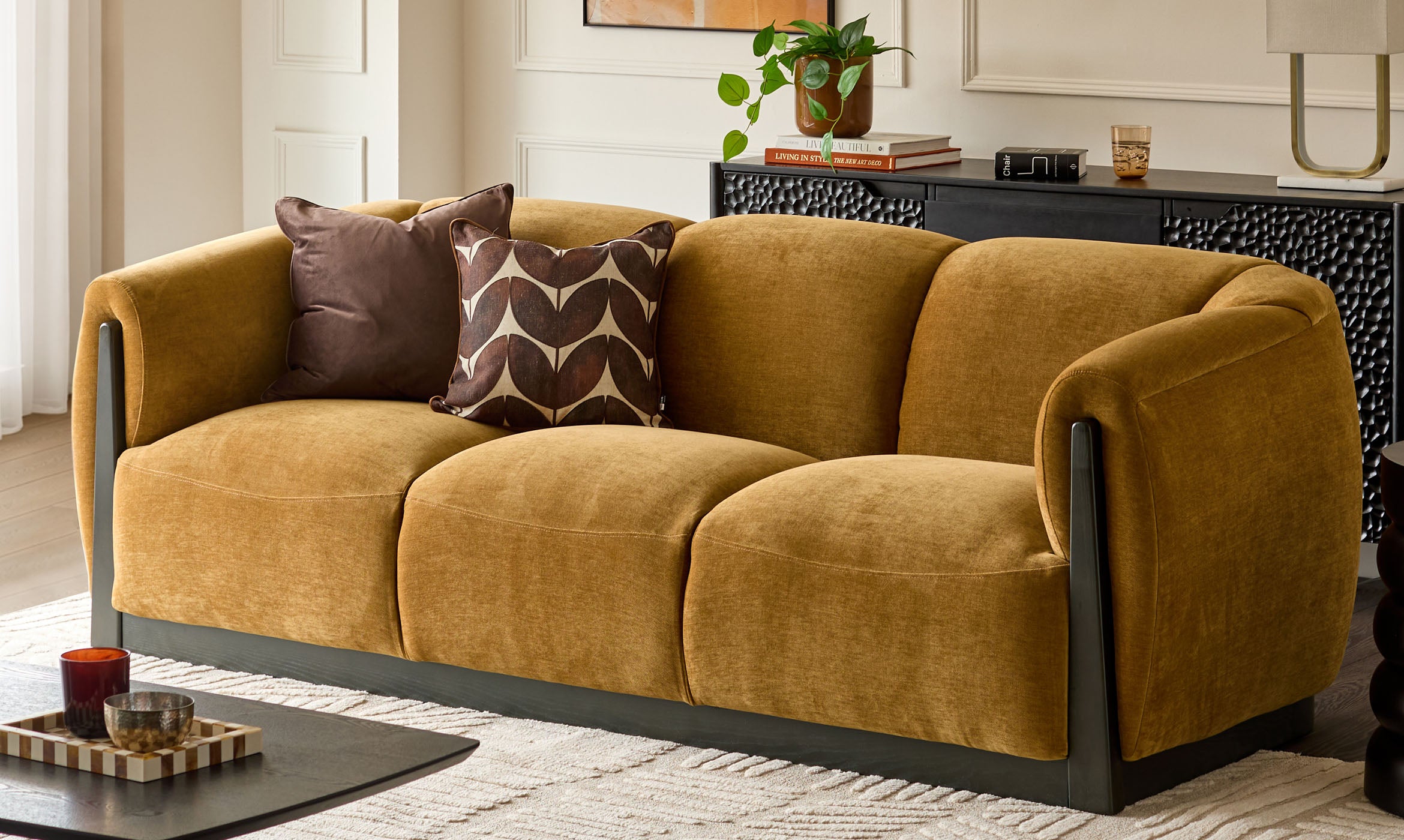 Teagan ochre fabric 3 seater sofa