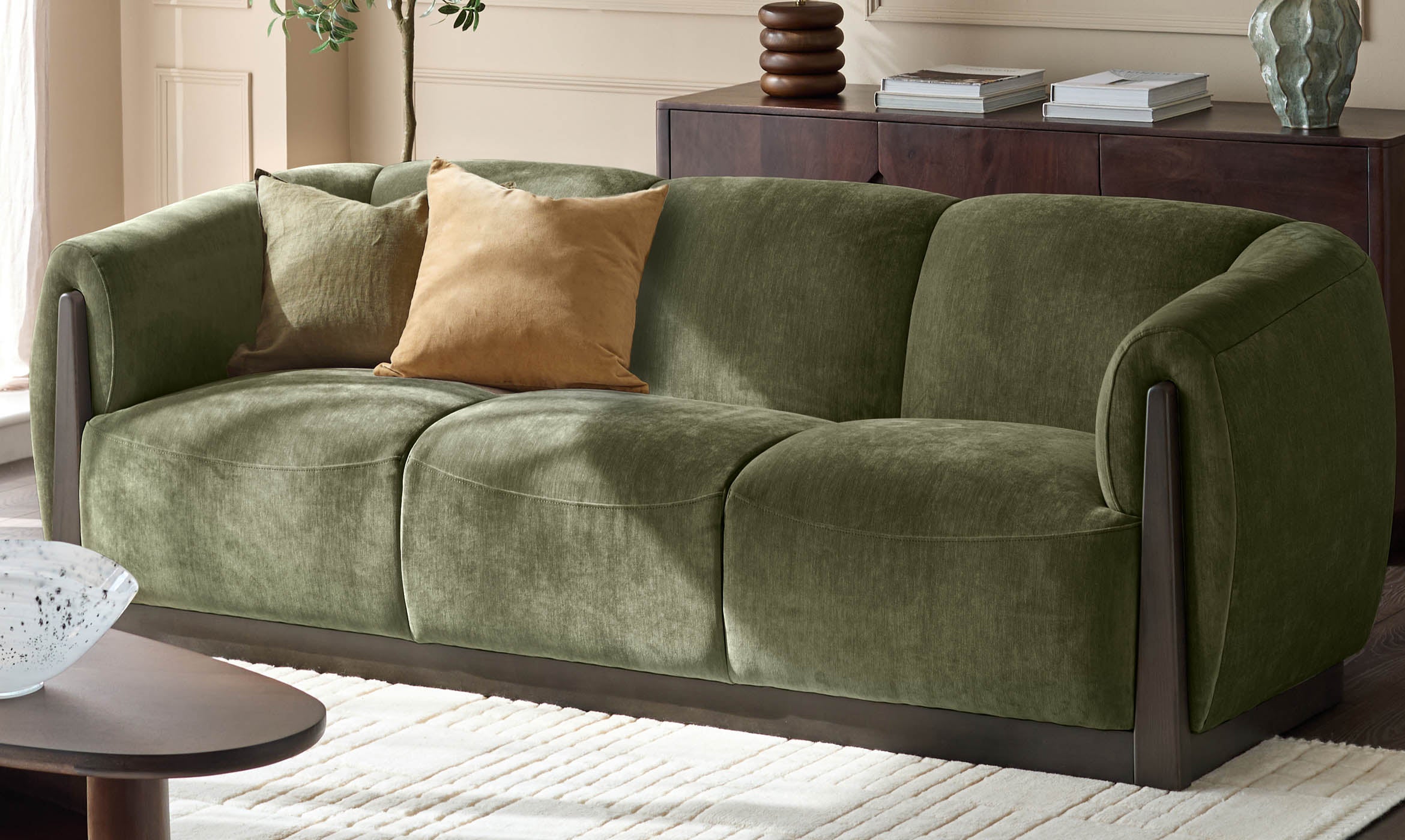 Teagan olive green fabric 3 seater sofa