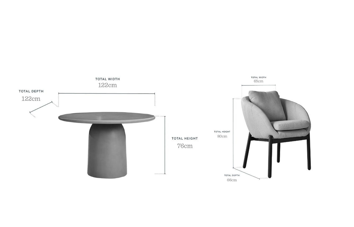 Tesso grey garden dining table with 4 Camilo natural dining chairs set