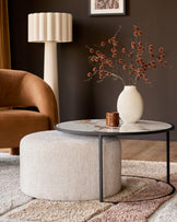 Thea natural ceramic coffee table and natural fabric pouffe set