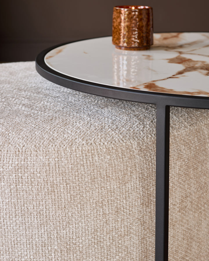 Thea natural ceramic coffee table and natural fabric pouffe set
