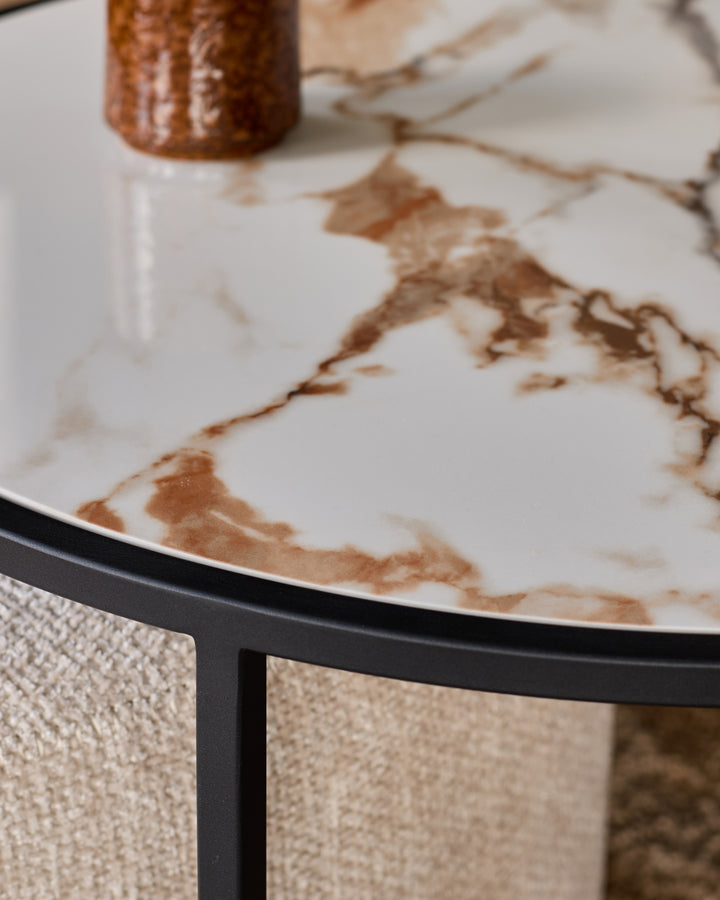 Thea natural ceramic coffee table and natural fabric pouffe set