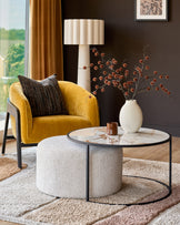 Thea natural ceramic coffee table and natural fabric pouffe set