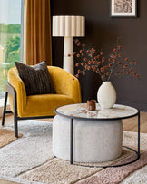 Thea natural ceramic coffee table and natural fabric pouffe set