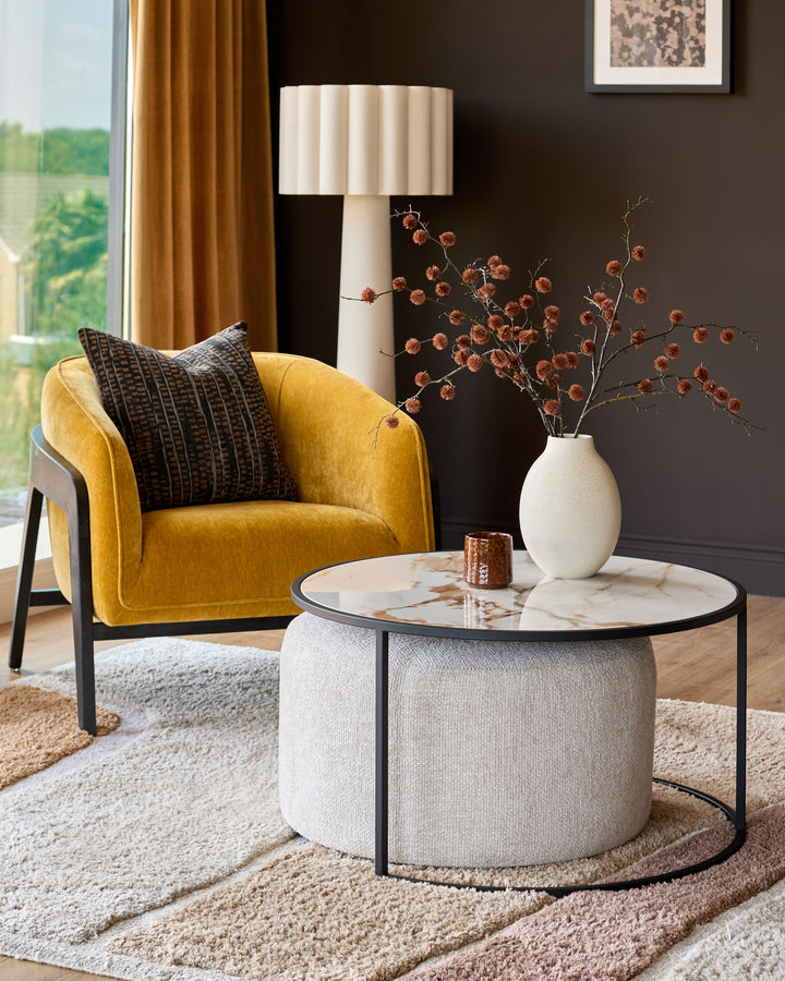 Thea natural ceramic coffee table and natural fabric pouffe set