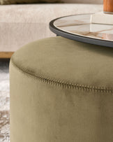 Thea natural ceramic coffee table and olive green velvet pouffe set