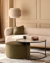 Thea natural ceramic coffee table and olive green velvet pouffe set