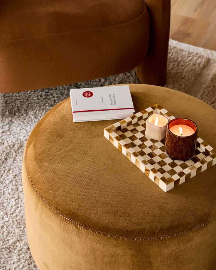 Thea smoked mirror coffee table and ochre fabric pouffe set
