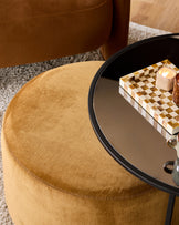 Thea smoked mirror coffee table and ochre fabric pouffe set