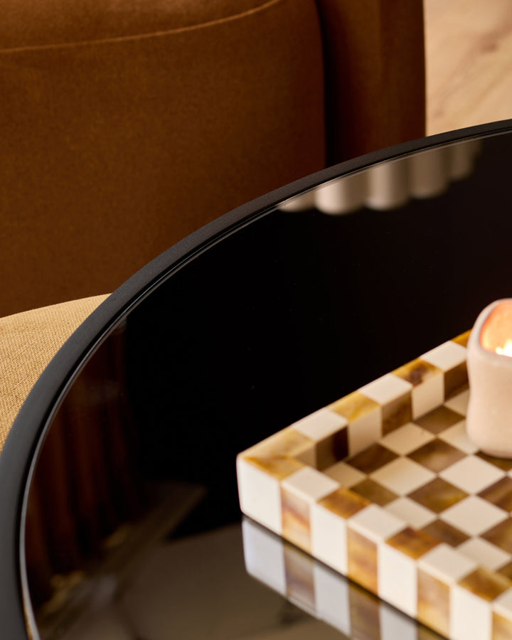 Thea smoked mirror coffee table and ochre fabric pouffe set