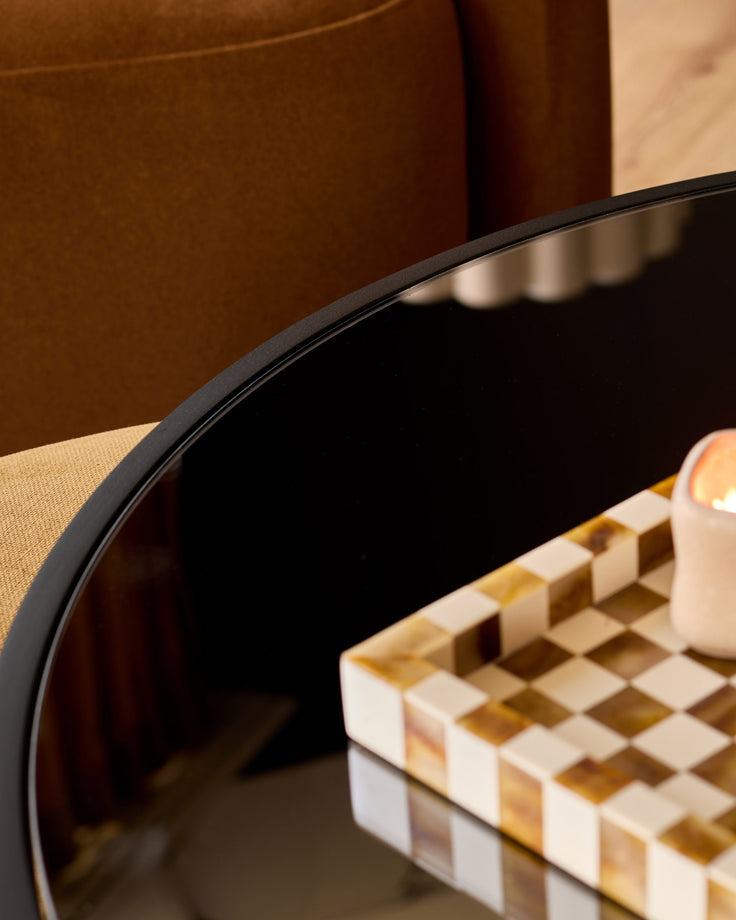 Thea smoked mirror coffee table and ochre fabric pouffe set