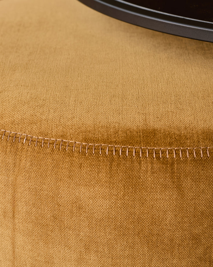 Thea smoked mirror coffee table and ochre fabric pouffe set