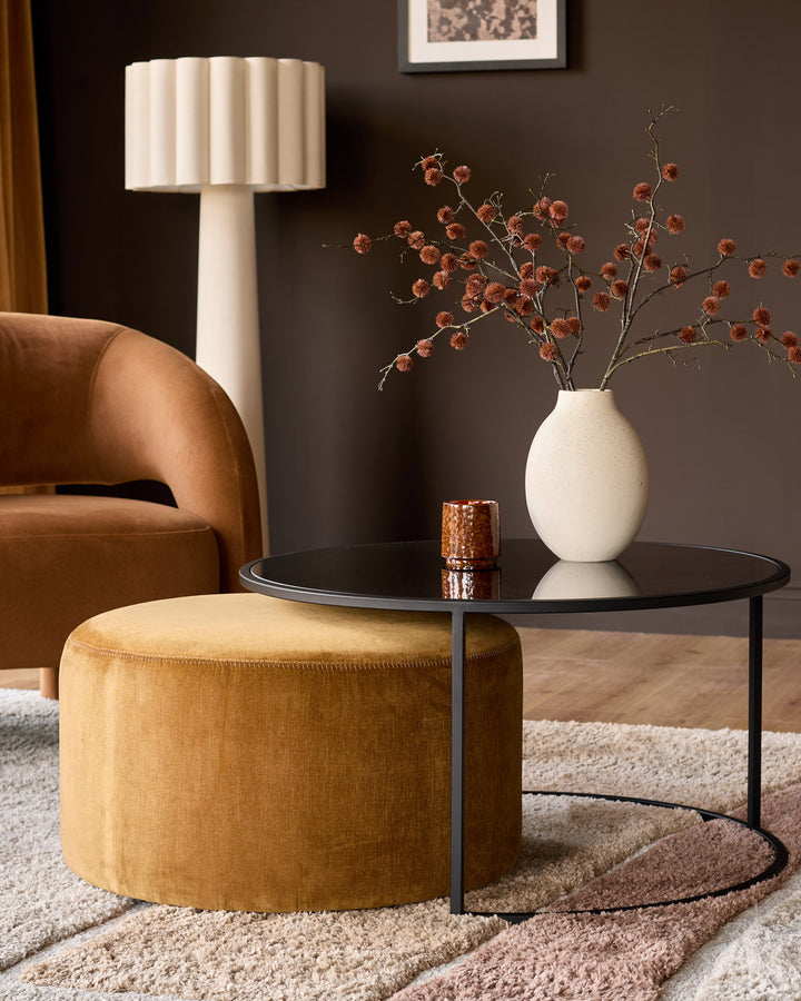 Thea smoked mirror coffee table and ochre fabric pouffe set