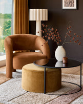 Thea smoked mirror coffee table and ochre fabric pouffe set