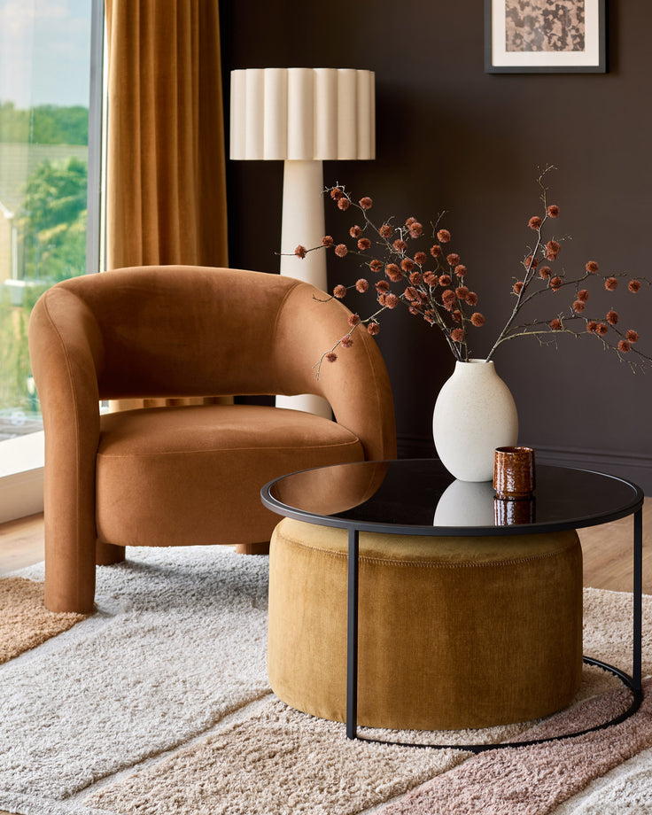 Thea smoked mirror coffee table and ochre fabric pouffe set
