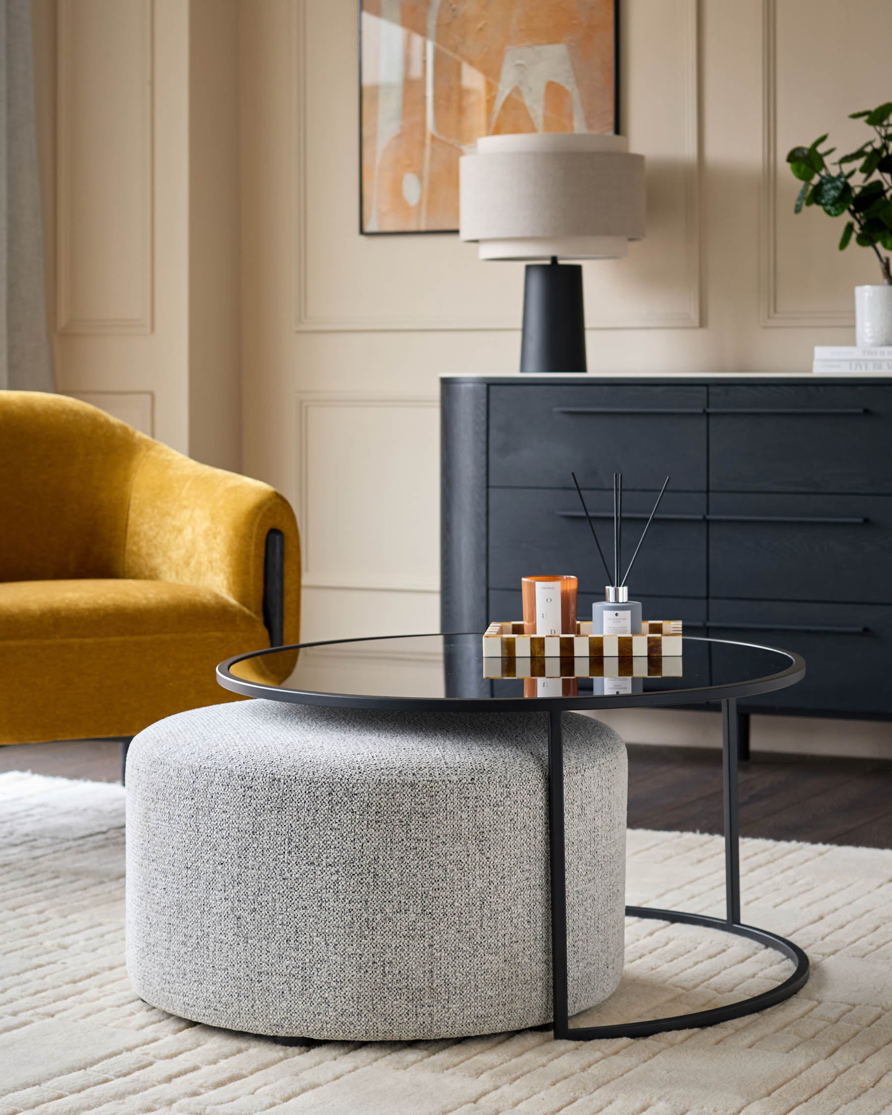 Thea smoked mirror coffee table and grey fabric pouffe set – Danetti