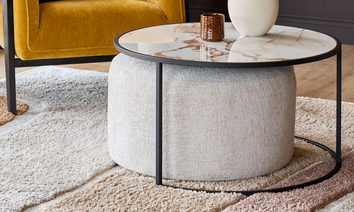 Thea natural ceramic coffee table and natural fabric pouffe set