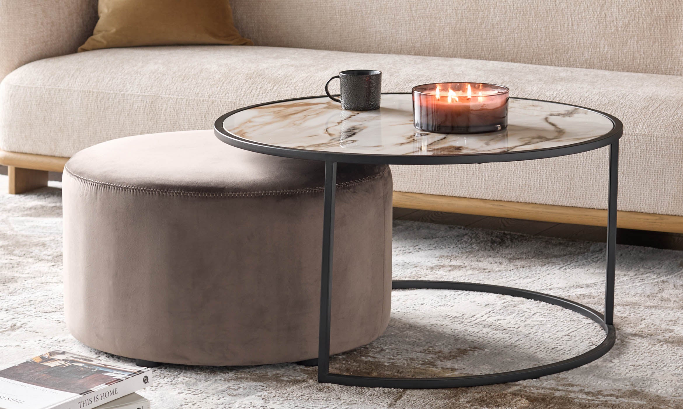 Thea natural ceramic coffee table and mocha velvet pouffe set
