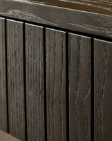 Close-up of a dark wood cabinet with vertical panelling and a sleek, modern design. Minimalist and stylish storage.