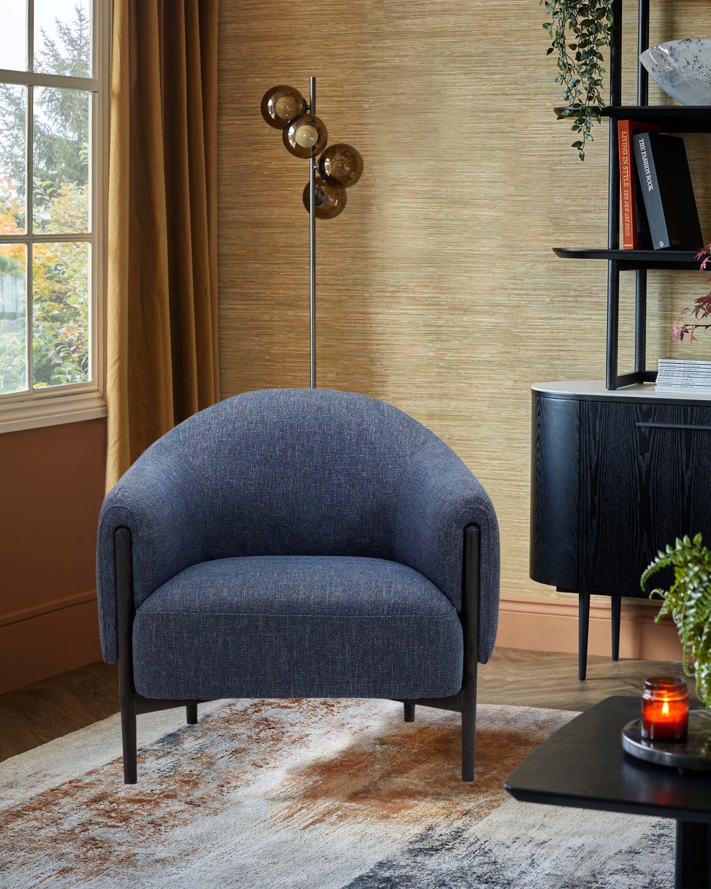 Tristan Blue Textured Weave Accent Chair with Black Wood