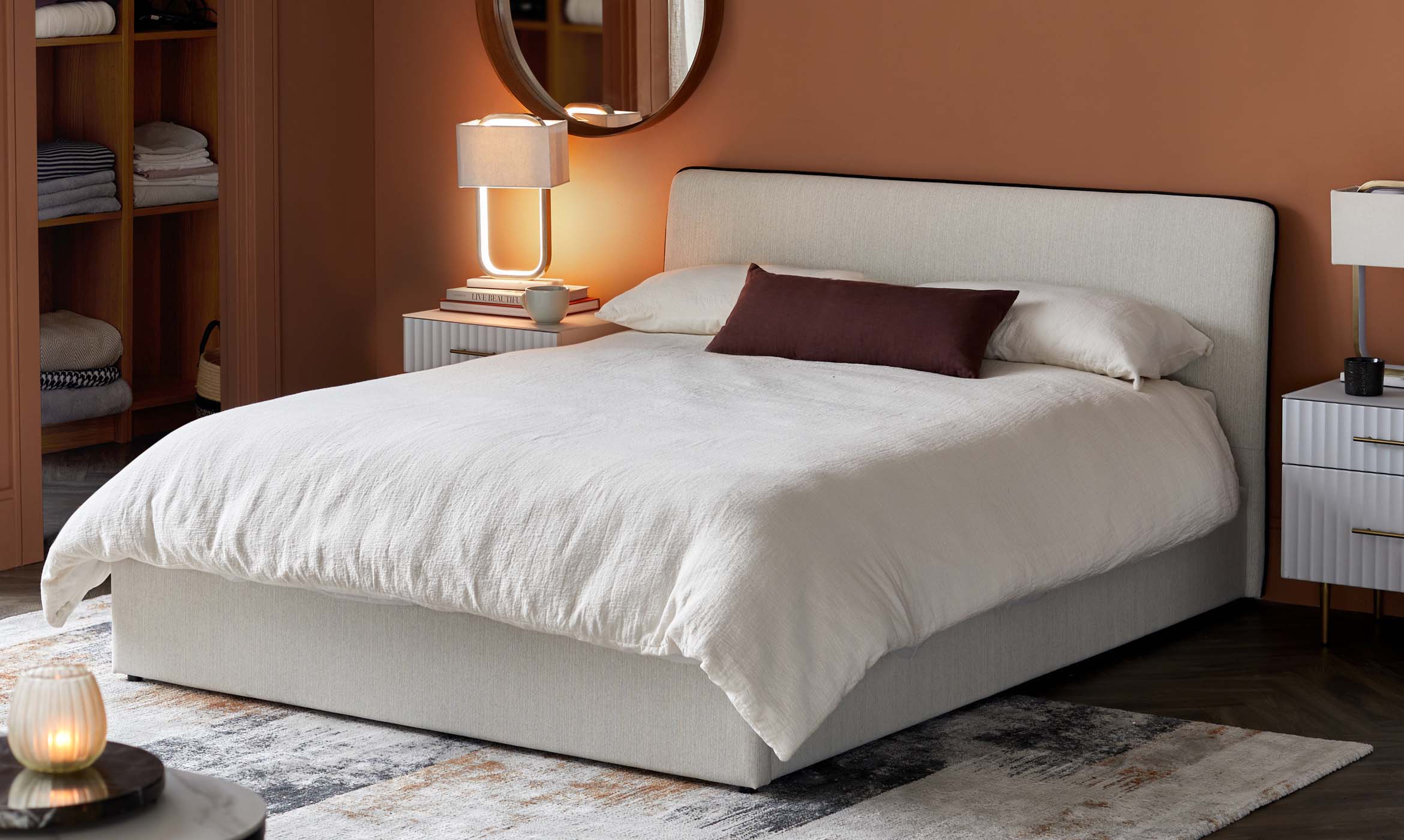 Turin ivory dual tone fabric super king ottoman storage bed