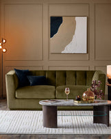 Valentina 3-seater sofa in olive green recycled velvet, styled in a modern living room setting.
