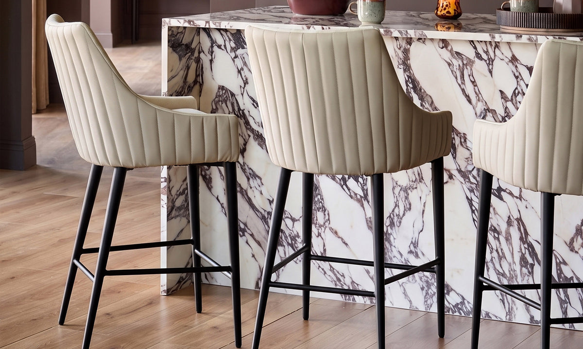 Whitney cream fabric and light grey faux leather bar stool