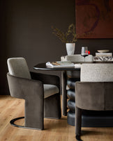 Wren grey fabric and mocha velvet black steel cantilever dining chair