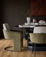 Wren natural fabric and olive green velvet black steel cantilever dining chair