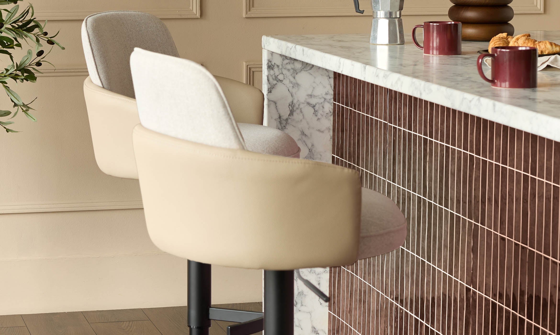 Wren natural fabric and natural faux leather gas lift bar stool
