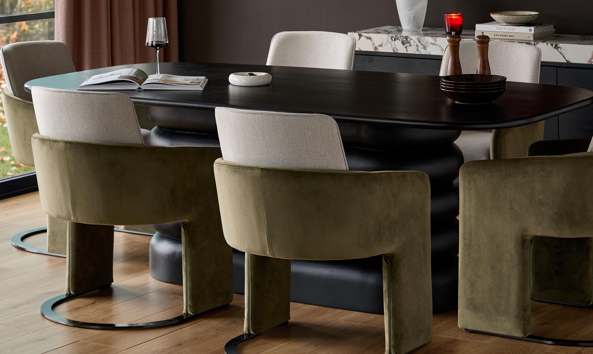 Wren natural fabric and olive green velvet black steel cantilever dining chair