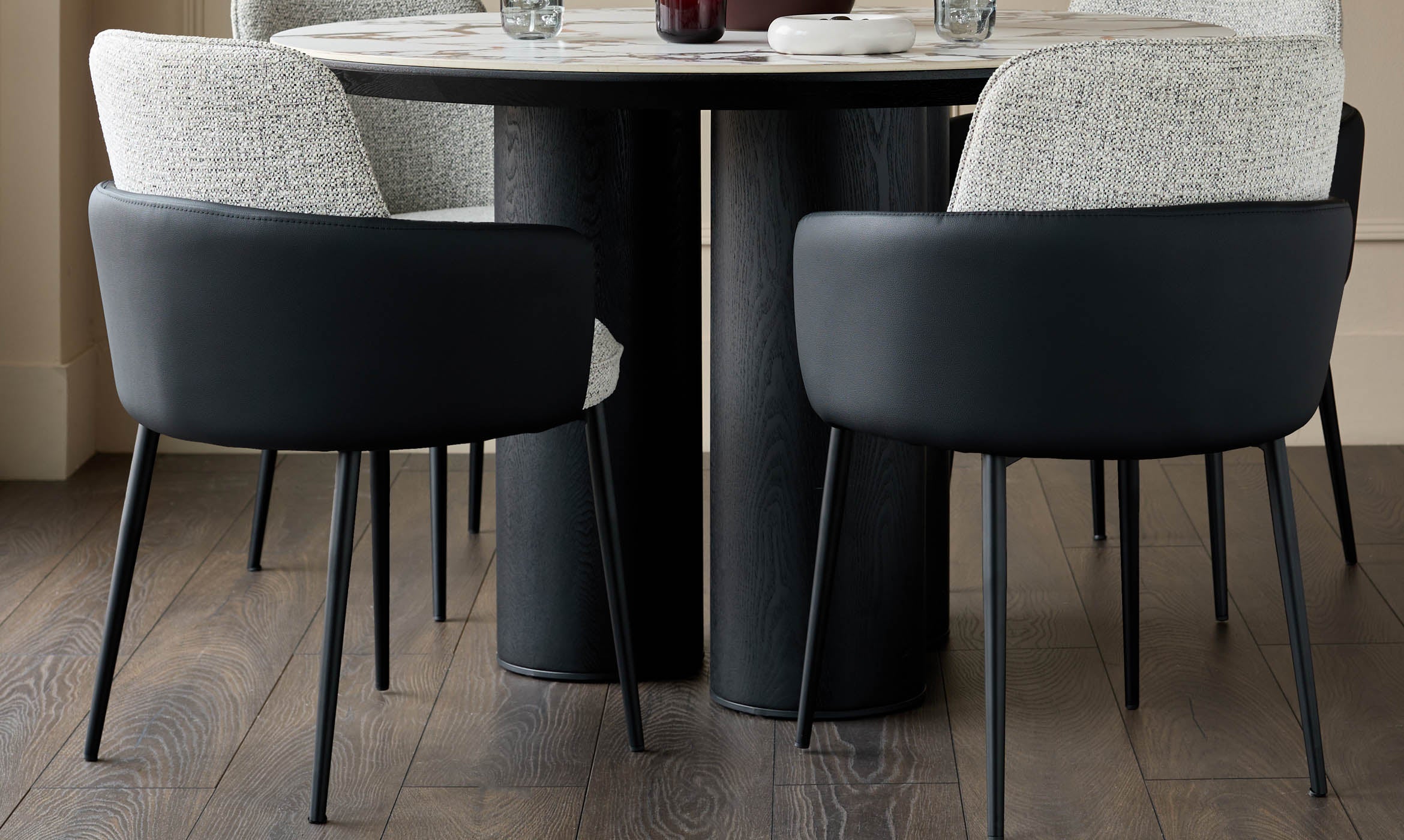 Wren grey fabric and black faux leather dining chair