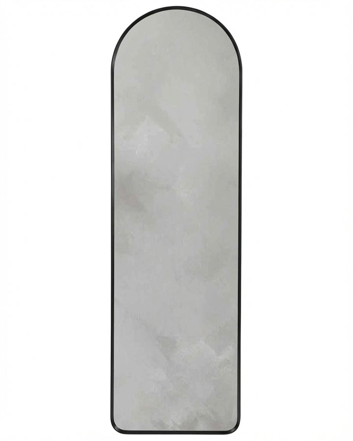 Yannis arch wall mirror with black metal frame and rounded top, displayed against white background.
