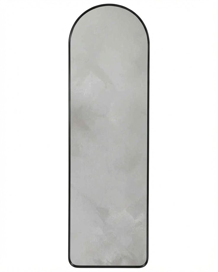 Yannis arch wall mirror with black metal frame and rounded top, displayed against white background.
