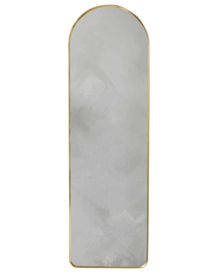 Tall arched wall mirror with gold metal frame and rounded top, shown against white background.