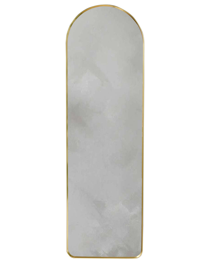 Tall arched wall mirror with gold metal frame and rounded top, shown against white background.