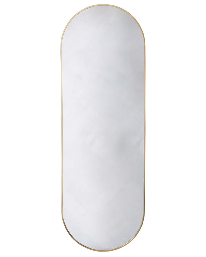 Elegant modern wall mirror with a minimalistic oval design, featuring a sleek gold frame and a reflective mirrored surface.