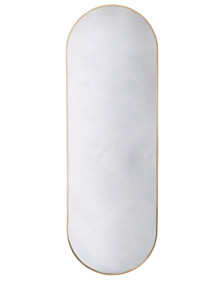 Elegant modern wall mirror with a minimalistic oval design, featuring a sleek gold frame and a reflective mirrored surface.