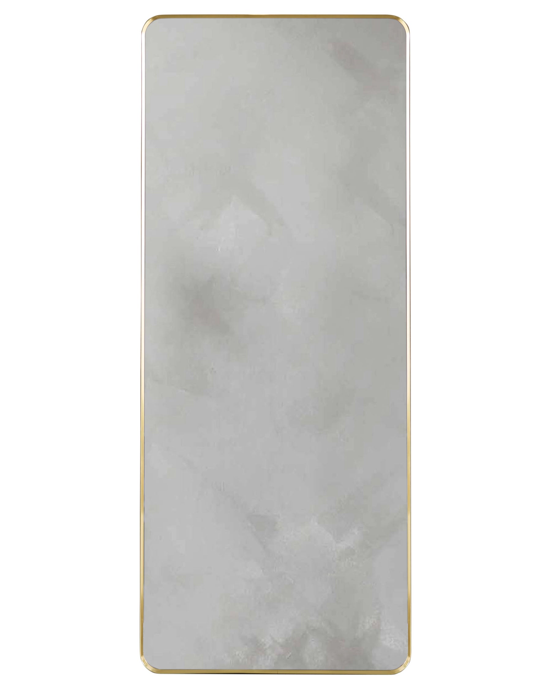 Yannis rectangular full-length leaner mirror with gold frame and rounded corners, displayed against white background.