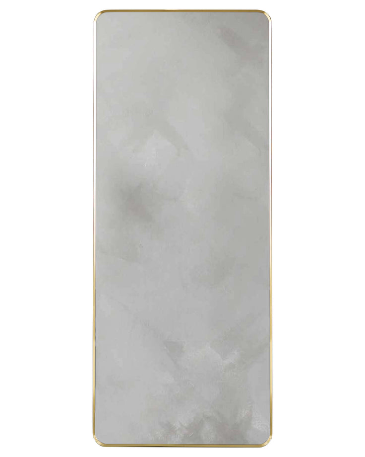 Yannis rectangular full-length leaner mirror with gold frame and rounded corners, displayed against white background.